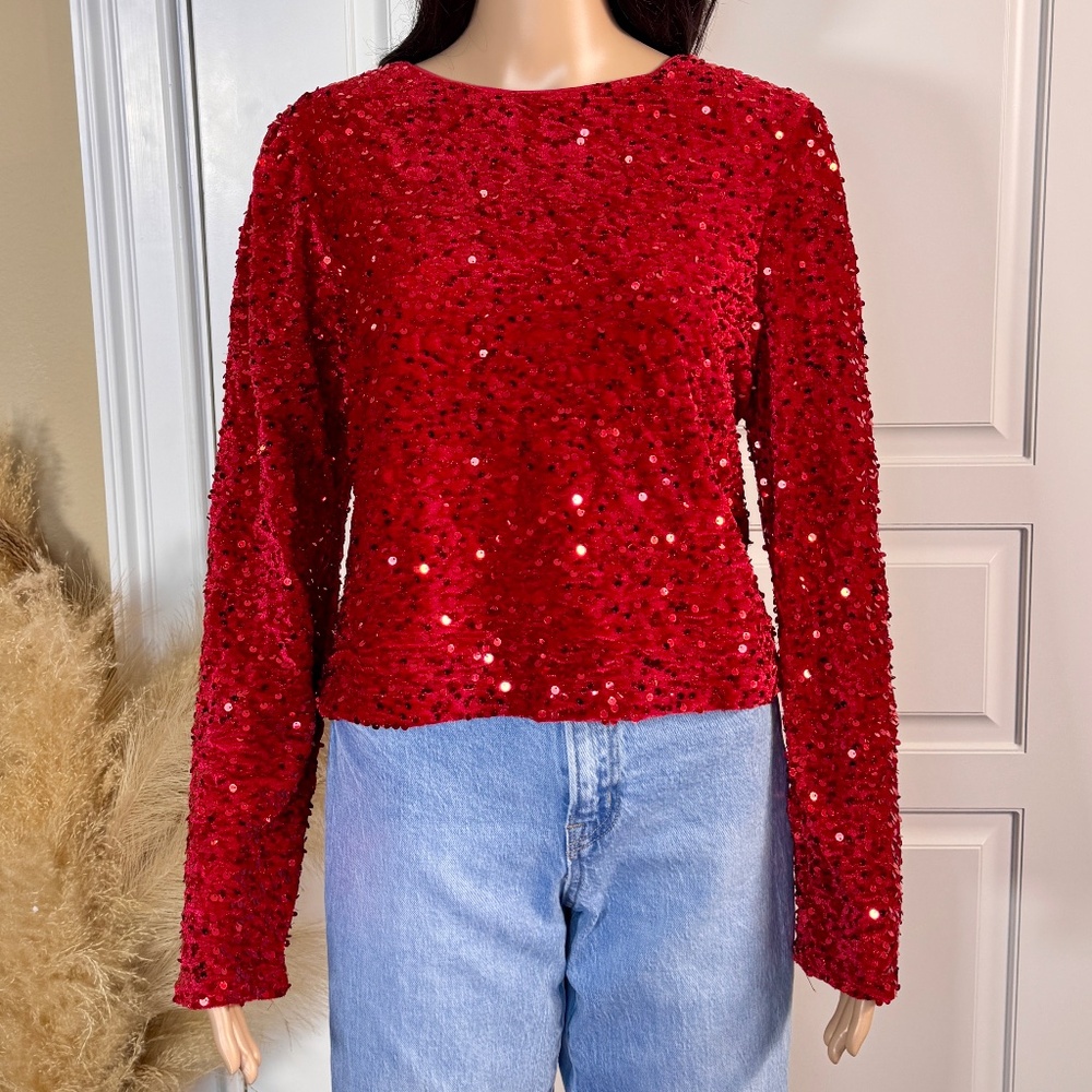 RED SEQUIN LONG SLEEVE CROP TOP - Picture 1 of 9